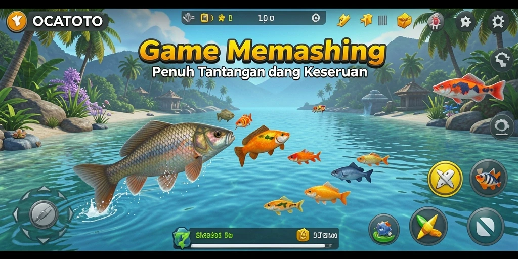Tangkapan layar permainan OCATOTO dengan suasana memancing yang menenangkan.
